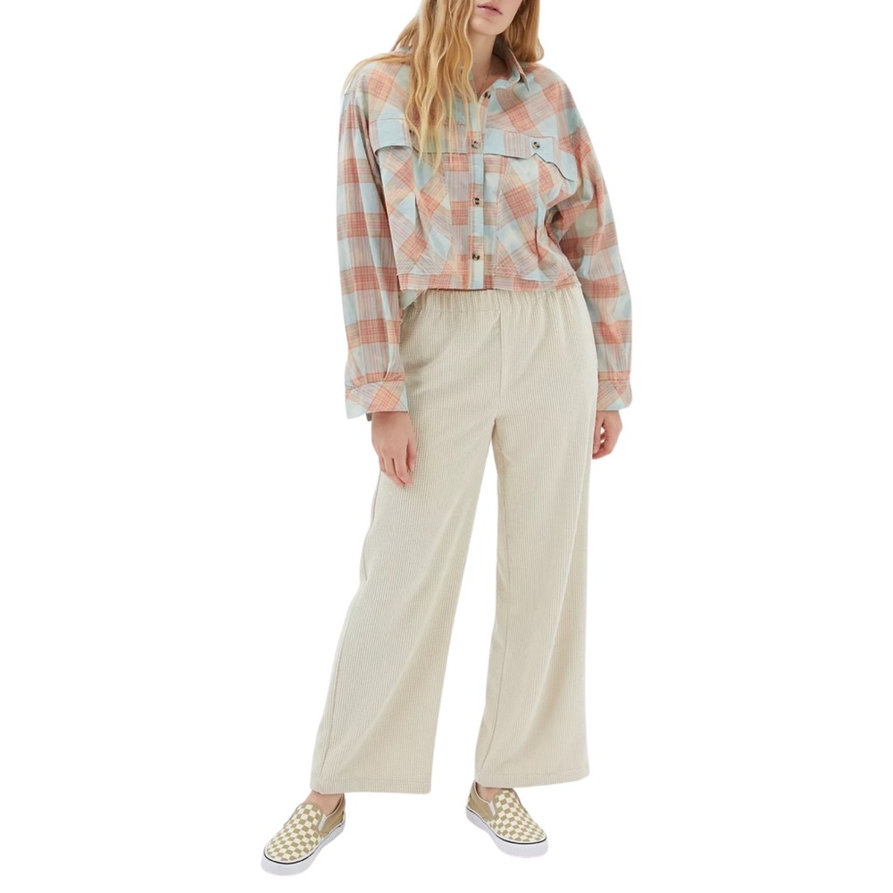 BDG Callum Cropped Oversized Plaid Shacket - S - Blue, Orange